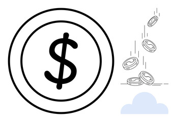 Digital currency, online banking, cloud savings, cryptocurrency, fintech, wealth management. Image shows a dollar symbol coin and coins falling into a cloud. Digital currency and online banking