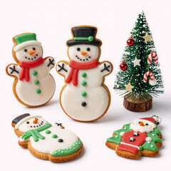 Isolated Christmas cookies, snowman, Xmas tree, gingerbread on white background with clipping path for holiday design template.