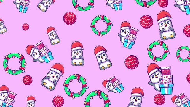 Penguins christmas pattern on pink backdrop ideal for holiday designs, greeting cards, invitations, and christmas themed projects in digital media.