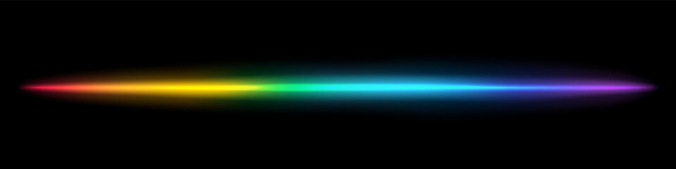 Glowing horizontal rainbow neon stripe, laser beam. Spark and flash effect. Ideal for speed visuals, futuristic motion graphics, digital interfaces, and high tech backgrounds