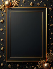 Elegant black frame with golden snowflakes and baubles for festive holiday design