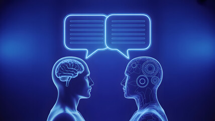 Conceptual digital art showing human brain versus ai, represented as an artificial head with gears exchanging thoughts