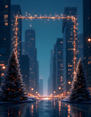 Festive city street at night with Christmas trees and glowing lights
