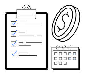 Clipboard with checklist, calendar, and coin emphasizing organization, budgeting, deadlines, scheduling, goal setting, productivity task management. Ideal for finance planning tracking personal