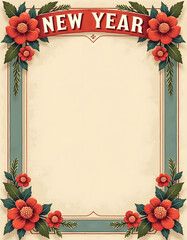 Vintage New Year's frame with red flowers and green leaves, festive border design