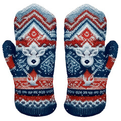 Knitted mittens with a beautiful winter pattern. Traditional deer ornament, isolated object on transparent background