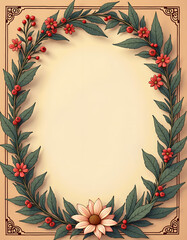 Elegant floral wreath border with red berries and delicate flowers on a soft yellow background