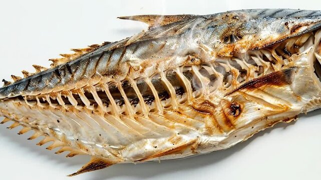 Close-up of a grilled dried fish skeleton on a white plate.