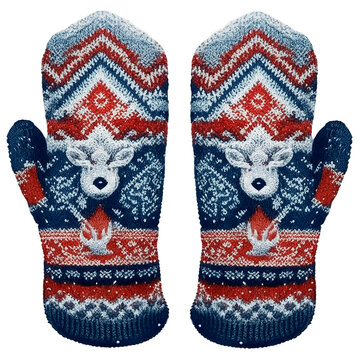 Knitted mittens with a beautiful winter pattern. Traditional deer ornament, isolated object on transparent background