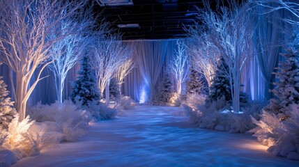 A frosted indoor scene with artificial bare trees, evergreens, and snow-covered ground lit by cool and warm light. Sheer white curtains form a backdrop