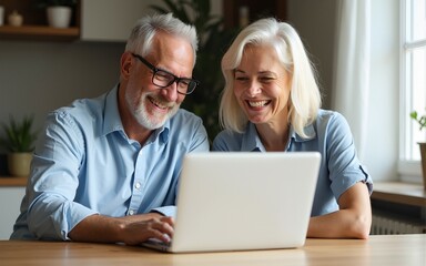 Happy mature older family couple laughing, bonding sitting at home table with laptop. Smiling middle aged senior 50s husband and wife having fun satisfied with buying insurance, paying bills online