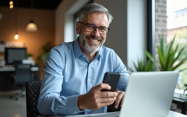 Smiling mature businessman holding smartphone sitting in office. Middle aged manager ceo using cell phone mobile apps and laptop. Digital technology applications and solutions for business development