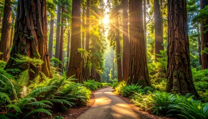 Sun filters through tall redwood trees in a forest, illuminating the path below, surrounded by lush green ferns