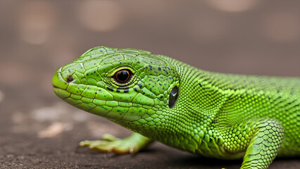 Naklejka premium Vibrant green lizard closeup showcasing its intricate scales and watchful dark eye