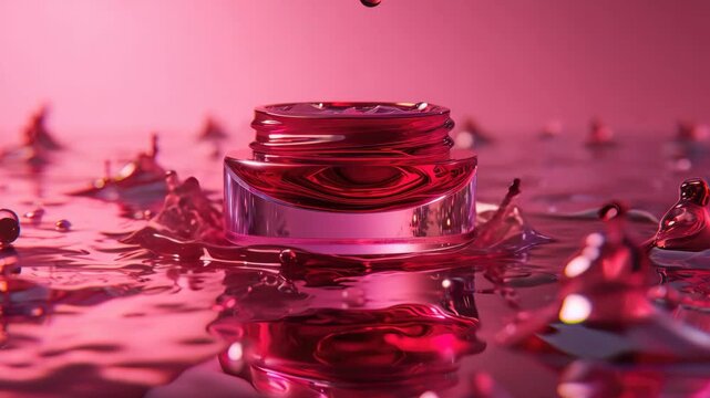 The shows a clear glass bottle that has been shattered and is surrounded by red liquid, likely water or another transparent fluid.