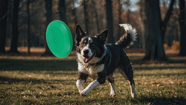 Energetic border collie chasing green frisbee in autumn forest. Playful dog running after flying disc on sunny day. Happy black and white dog leaping for green frisbee in park. - Powered by Adobe