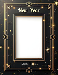 Elegant New Year's Eve photo frame with gold art deco design and sparkling lights