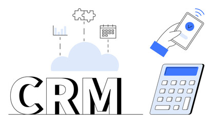 Fototapeta premium Business management, cloud computing, CRM integration, mobile solutions, data analysis, digital business. CRM with cloud, smartphone calculator. Business management and cloud computing concept