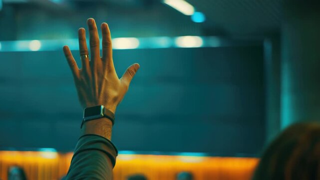 A silhouette of a person raising their hand in the air with an outstretched palm, signifying a gesture of calling for attention or participation. The background is blurred but appears to be an indoor