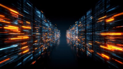A futuristic, abstract tunnel of data streams, showcasing orange and blue glowing light against a black background