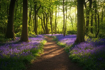 A serene forest path lined with vibrant purple flowers, flanked by towering trees and a soft, dappled sunlight filtering through the canopy.