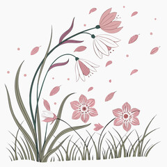 Pink flowers and petals blowing in the breeze with green grass