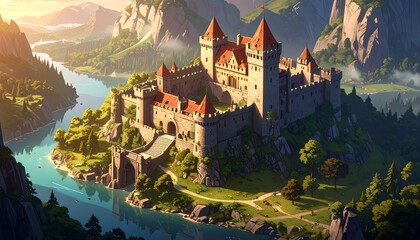 Cartoon castle sits atop a small islet connected via a bridge, nestled within mountains and reflective blue water
