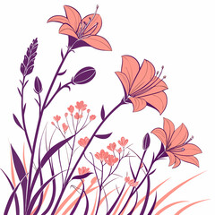 Pink flowers and purple foliage on white background