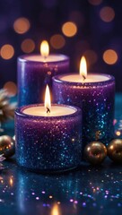 Glittering purple candles glowing with warm flames and bokeh lights. Cozy sparkling candles with golden ornaments on festive table. Serene glitter candles burning softly in dark purple ambience.