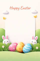 Easter Bunnies and Colorful Eggs in Spring Garden