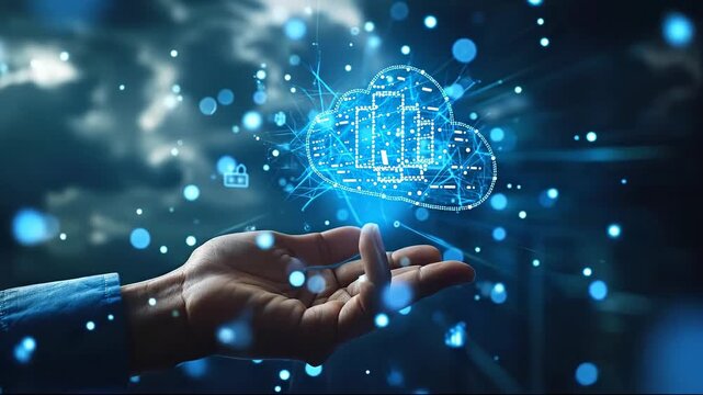 Hands presenting a digital cloud infrastructure hologram over cityscape.