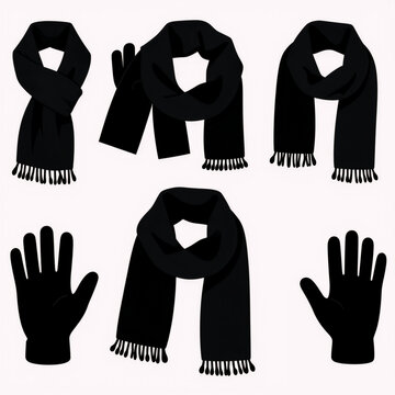 Minimalist black-and-white flat illustration of winter scarf gloves for commute theme, in solid icon style on a white background. Full objects visible with equal spacing in a 3x1 grid layout