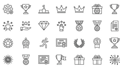 Achievement and success line icon set featuring trophy cups, medals, winner awards, star ratings, crowns, diamond, gift boxes and professional certification symbols.