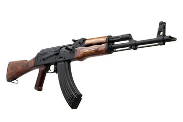 Classic Soviet-style assault rifle with wooden stock and black magazine on white back