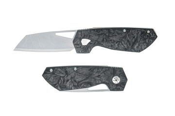 Modern carbon fiber folding knife shown open and closed on a white back