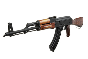 Classic Soviet-style assault rifle with wooden stock and black magazine on white back