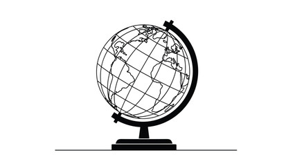Black and white minimalist world globe on stand line art illustration featuring Earth continents and geographic grid for educational travel design