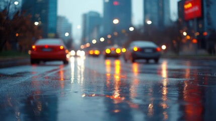 Cars on a wet city street at night with bokeh lights