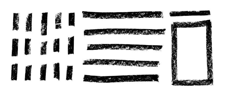 Charcoal rectangle, line brush stroke elements. Grunge chalk shapes. Dash streaks, square frame, underline emphasis shapes. Handmade vector isolated scribbles chalk or pencil streaks.