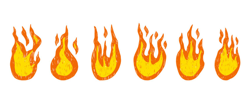 Pastel brush fire with grunge texture set. Doodle brush flame icons in vibrant colors. Bonfire stickers for collage projects. Simple grill spicy shapes. Vector naive punk rock element no background.