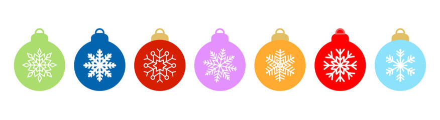 Colorful Christmas balls with patterns in the form of stars for decorating New Year cards isolated on a white background