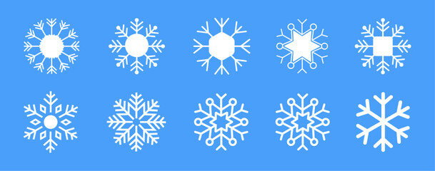 Collection of snowflake variations icons. Snowflakes white ice crystals on dark background. Symbol of winter. Christmas logo hand drawing. Not AI. Vector illustration.

