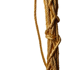 A close-up of a strong brown twisted rope with a tied knot isolated on a white background representing a secure marine connection and strength