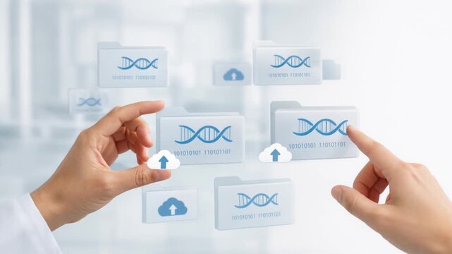 genomic medicine precision healthcare concept. Digital interaction with DNA data on transparent screens.