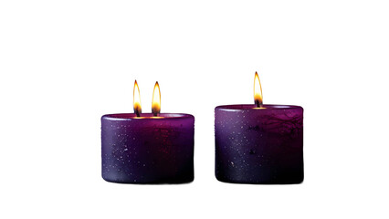 Three glowing candles with bright yellow flames burn against a black background, creating a warm candlelight glow for a holiday celebration or religious Christmas decoration in the dark night