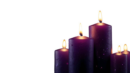Three glowing candles with bright yellow flames burn against a black background, creating a warm candlelight glow for a holiday celebration or religious Christmas decoration in the dark night