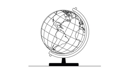 Minimalist world globe line art illustration on stand, simple black and white earth map vector for geography education and global travel concepts.