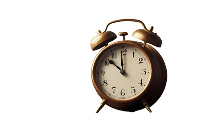 Antique retro metal alarm clock with classic bells isolated on a white background as a vintage object for morning wake alerts and time deadlines