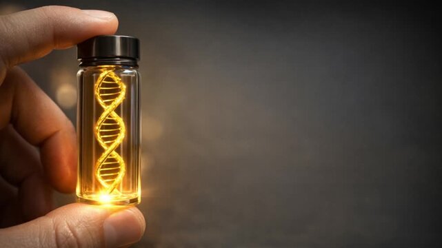 genomic medicine precision healthcare concept. A hand holds a glowing vial containing a DNA helix.