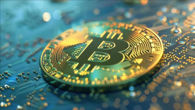 A gold Bitcoin token placed on top of a circuit board with electronic components and glowing lights, symbolizing cryptocurrency technology